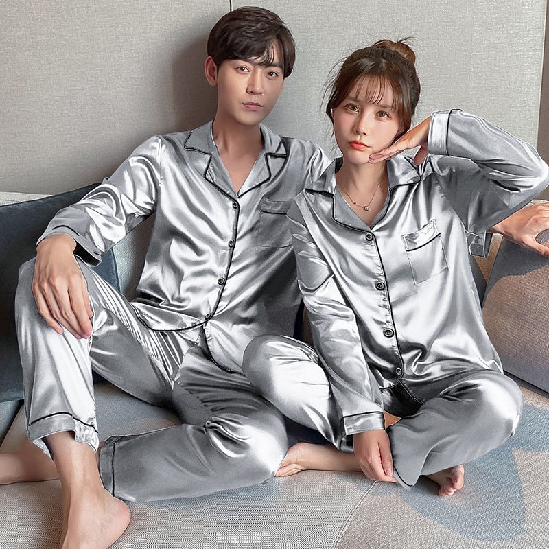 Couple Pajamas Ice Silk Summer Long-Sleeved Women'S Cardigan Casual Loose Men'S Middle-Aged And Young People'S Large Size Home Clothes - Image 4