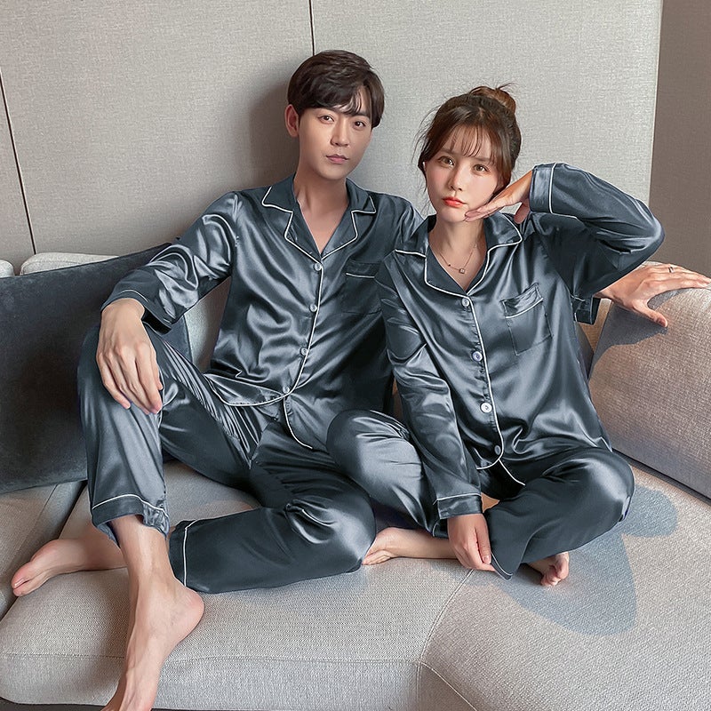 Couple Pajamas Ice Silk Summer Long-Sleeved Women'S Cardigan Casual Loose Men'S Middle-Aged And Young People'S Large Size Home Clothes - Image 5