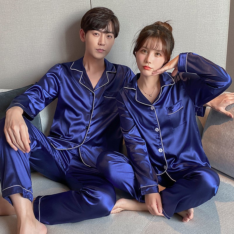 Couple Pajamas Ice Silk Summer Long-Sleeved Women'S Cardigan Casual Loose Men'S Middle-Aged And Young People'S Large Size Home Clothes - Image 3