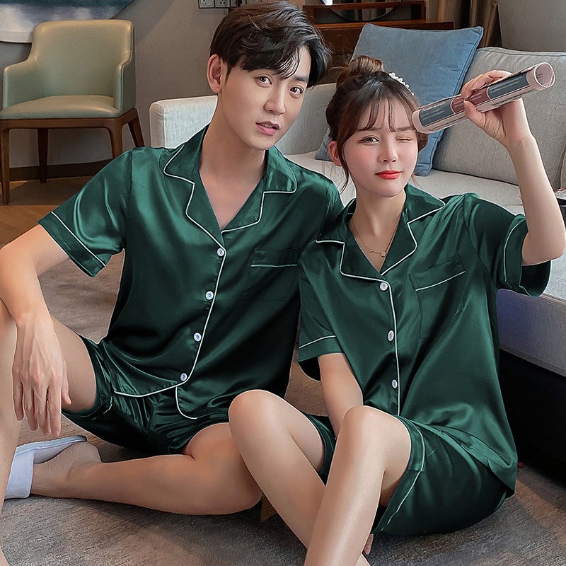 Couple Pajamas Ice Silk Summer Long-Sleeved Women'S Cardigan Casual Loose Men'S Middle-Aged And Young People'S Large Size Home Clothes - Image 1
