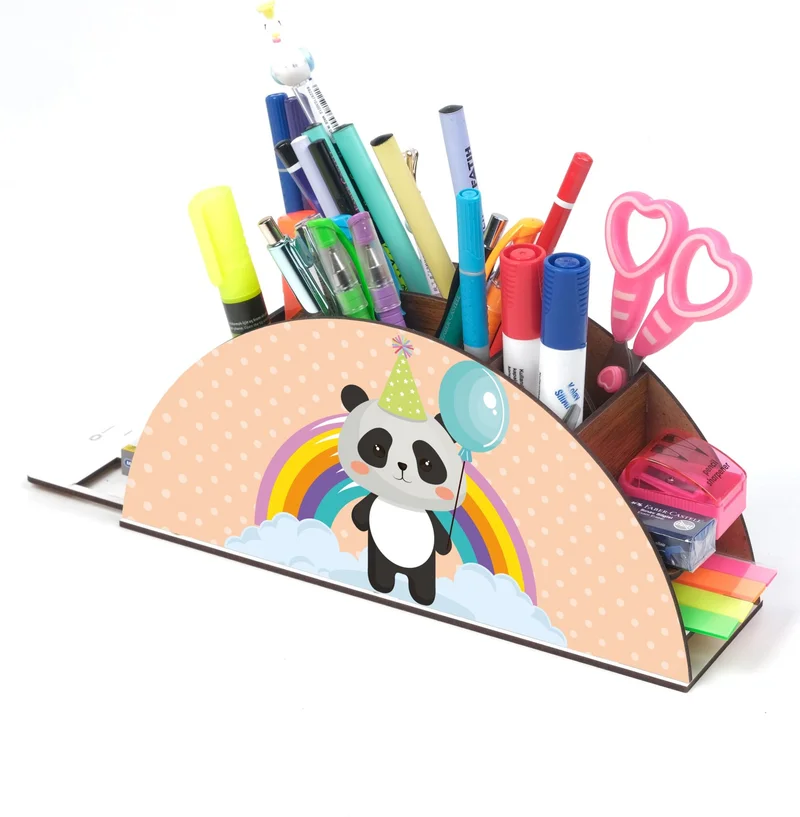 Notpa Wooden Panda Rainbow Ruler Desktop Pen Holder Box Organizer For Kids GK117