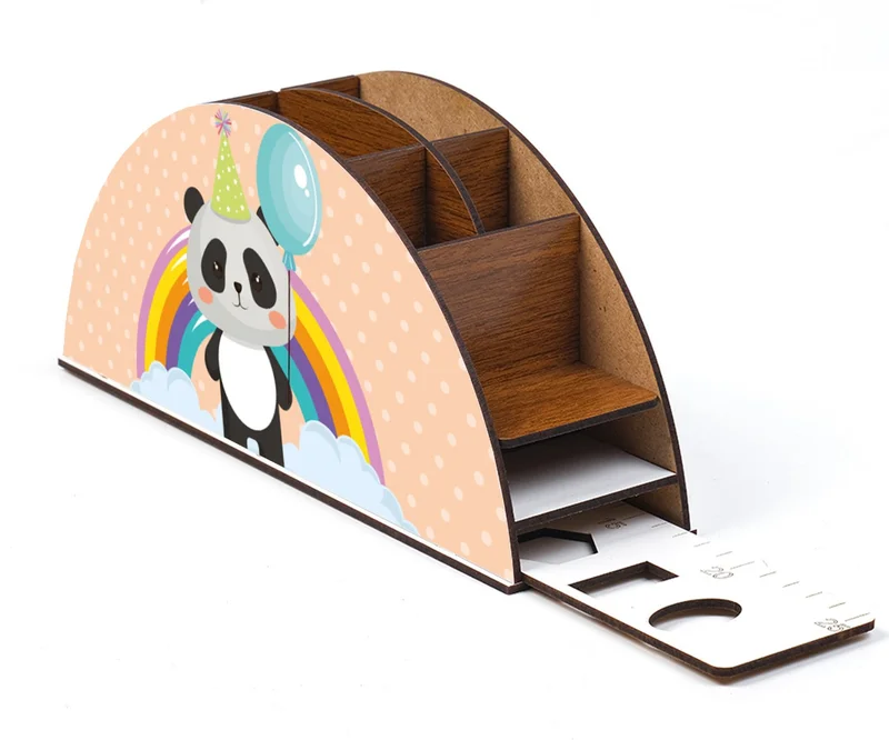 Notpa Wooden Panda Rainbow Ruler Desktop Pen Holder Box Organizer For Kids GK117