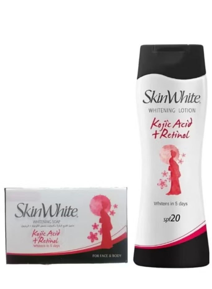 سكين وايت لوشن تبييض بحمض الكوجيك + ريتينول بعامل 20 حماية من أشعة الشمس 100 مل & صابون تبييض بحمض الكوجيك + ريتينول 70 جرام