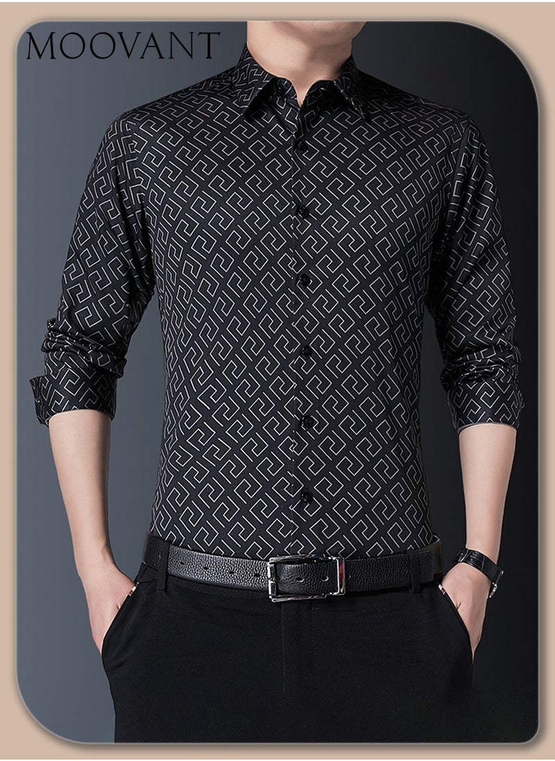 Moovant Men's Long Sleeve Shirt, Stylish Geometric Print Shirt, Button-Down Shacket Top, Casual and Formal Wear, Slim Fit, Perfect for Business and Office Attire  - Image 1