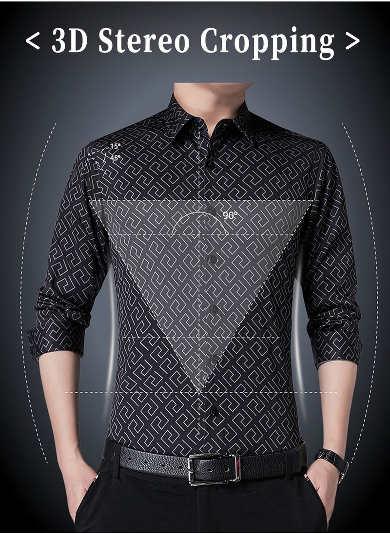 Moovant Men's Long Sleeve Shirt, Stylish Geometric Print Shirt, Button-Down Shacket Top, Casual and Formal Wear, Slim Fit, Perfect for Business and Office Attire  - Image 2