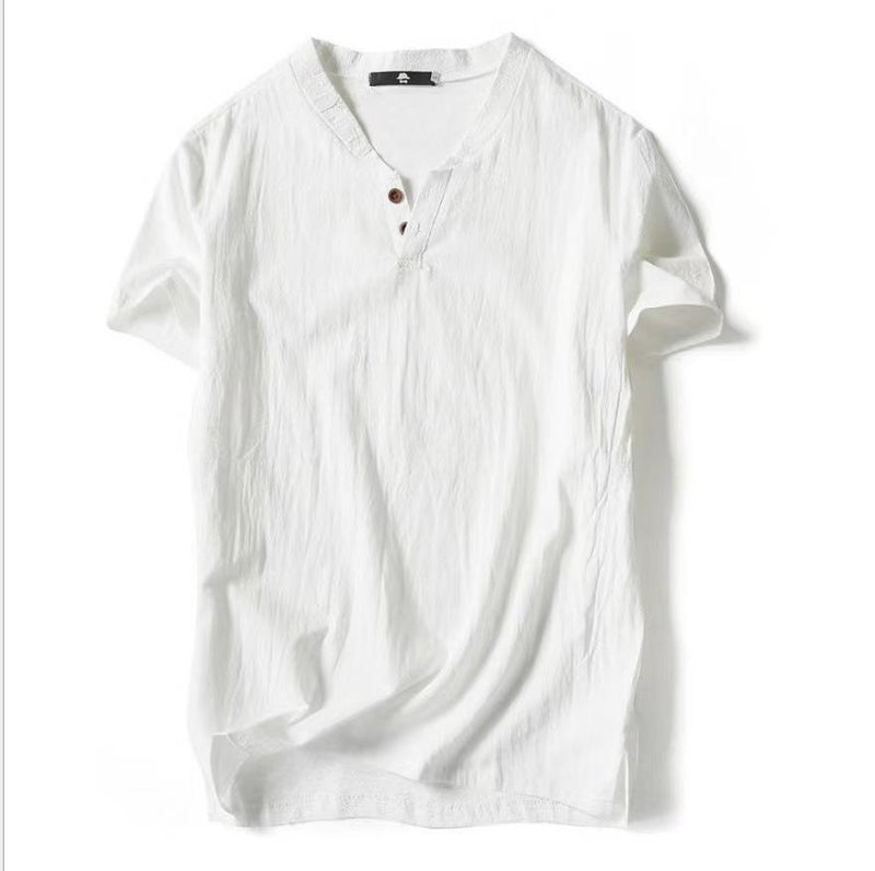 Factory Hair 2023 Summer Japanese Thin Linen Short-sleeved T-shirt Men''s Loose Large Size Solid Color Cotton Linen T-shirt - Image 1