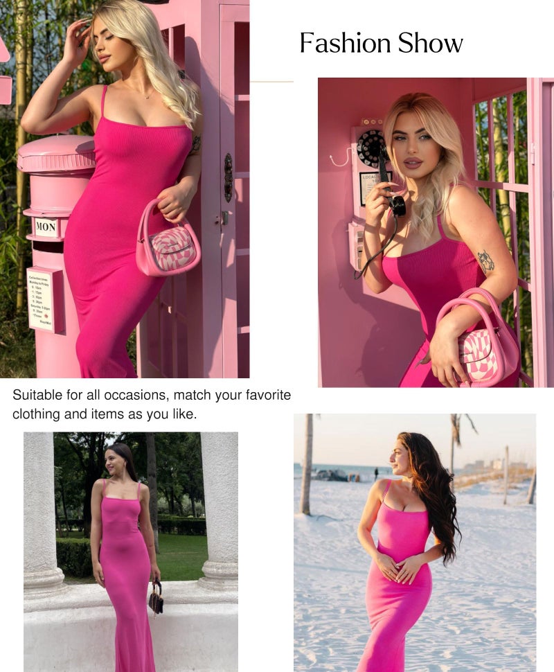 Popilush Bodycon Dresses for Women Maxi Dress Summer Ribbed Cocktail Spaghetti Strap Shapewear Dresses Party Long Going Out Pink - Image 2