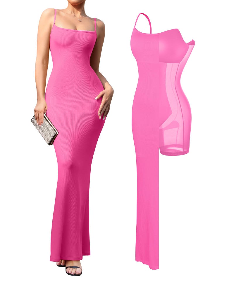 Popilush Bodycon Dresses for Women Maxi Dress Summer Ribbed Cocktail Spaghetti Strap Shapewear Dresses Party Long Going Out Pink - Image 1