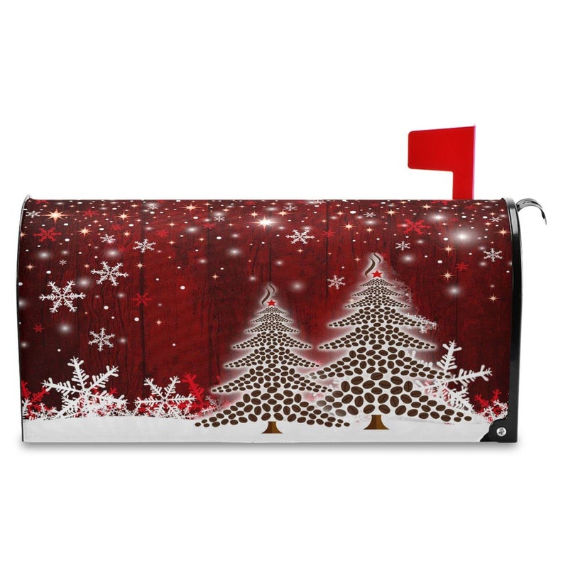 Wamika Merry Christmas Tree Winter Snowflake Pine Mailbox Covers Standard Size Red Christmas Tree Wood White Snow Magnetic Mail Wraps Cover Letter Post Box 21" Lx 18" W - Image 1