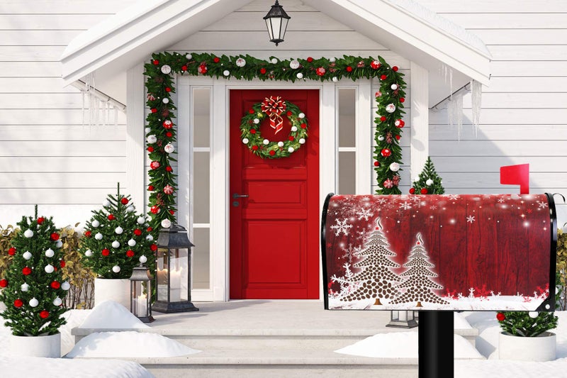 Wamika Merry Christmas Tree Winter Snowflake Pine Mailbox Covers Standard Size Red Christmas Tree Wood White Snow Magnetic Mail Wraps Cover Letter Post Box 21" Lx 18" W - Image 3