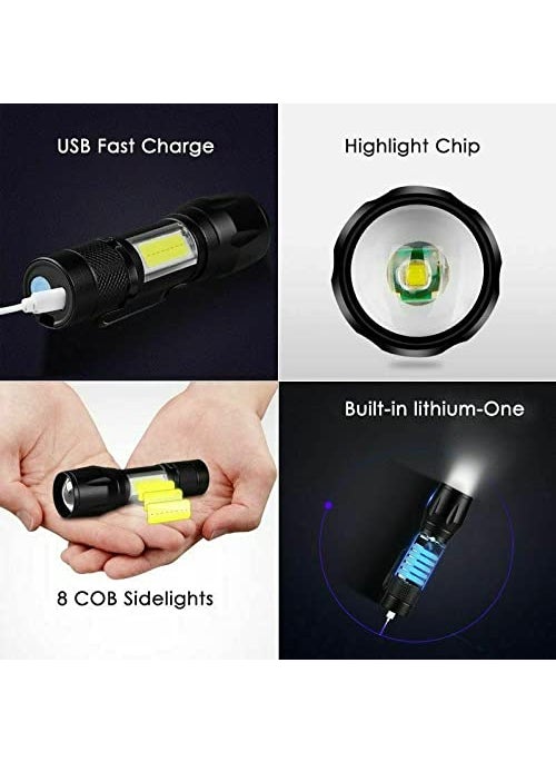 OAHU OAHU LED Flashlight with COB Light Mini Waterproof Portable LED Flashlight USB Rechargeable 3 Modes Light Flashlight Black  - Image 5
