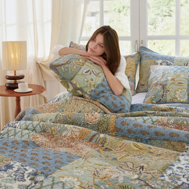 Secgo Queen Comforter Set for Bed - 100% Cotton Quilts Queen Size, Green, Sage Bedspreads (90 * 98 Inch) with 2 Pillow Shams, Patchwork Reversible Lightweight Bedding - Image 2