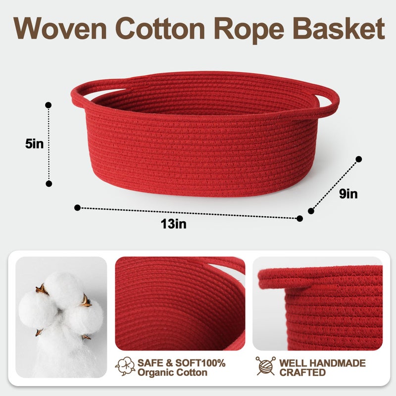 WILLITAT Small Baskets for Gifts Empty, 13"x 9"x 5" Woven Gift Basket with Bag and Ribbon, Cotton Rope Kids Dog Cat Toy Bin Box, Cute Baby Nursery Organizer, Decorative Storage with Handles, Red - Image 3