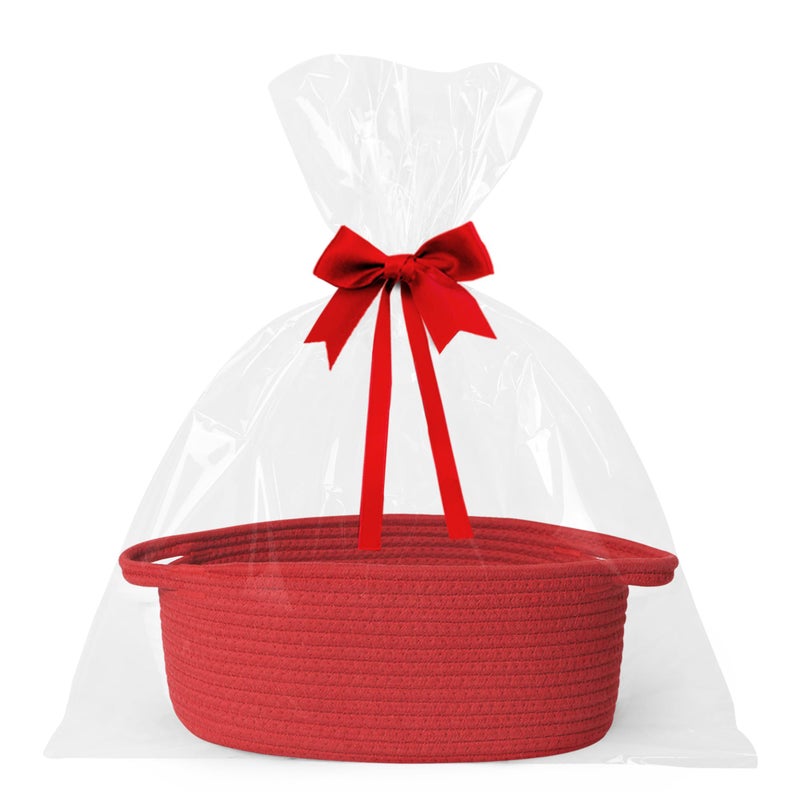 WILLITAT Small Baskets for Gifts Empty, 13"x 9"x 5" Woven Gift Basket with Bag and Ribbon, Cotton Rope Kids Dog Cat Toy Bin Box, Cute Baby Nursery Organizer, Decorative Storage with Handles, Red - Image 1