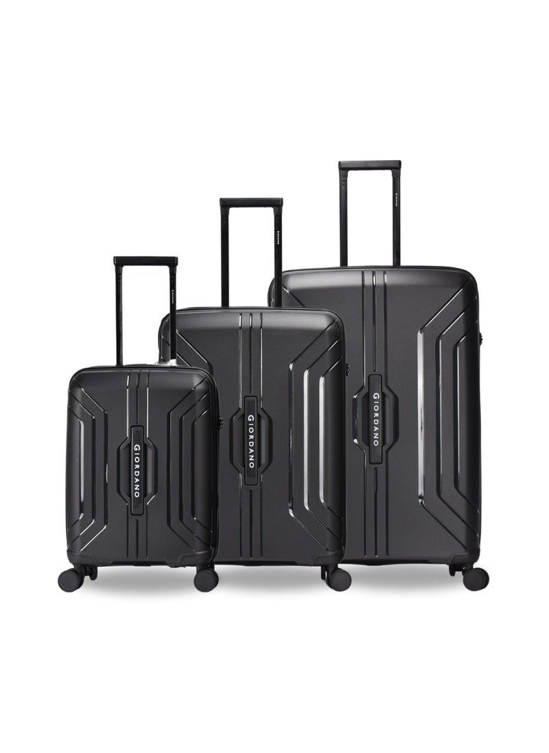 GIORDANO Giordano Luggage Sets of 3 Hard Shell PP Durable Lightweight Carry on Travel Suitcase with Double Spinner Wheels, Secure Combination Lock Trolley Bag, Unbreakable Hardcase Suitcase Set Black (S+M+L)  - Image 1