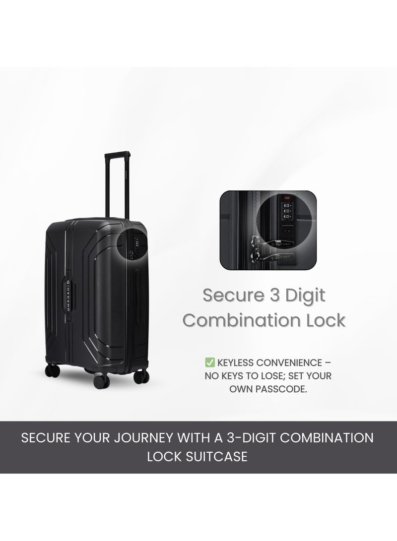 Giordano Luggage Sets of 3 Hard Shell PP Durable Lightweight Carry on Travel Suitcase with Double Spinner Wheels, Secure Combination Lock Trolley Bag, Unbreakable Hardcase Suitcase Set Black (S+M+L)