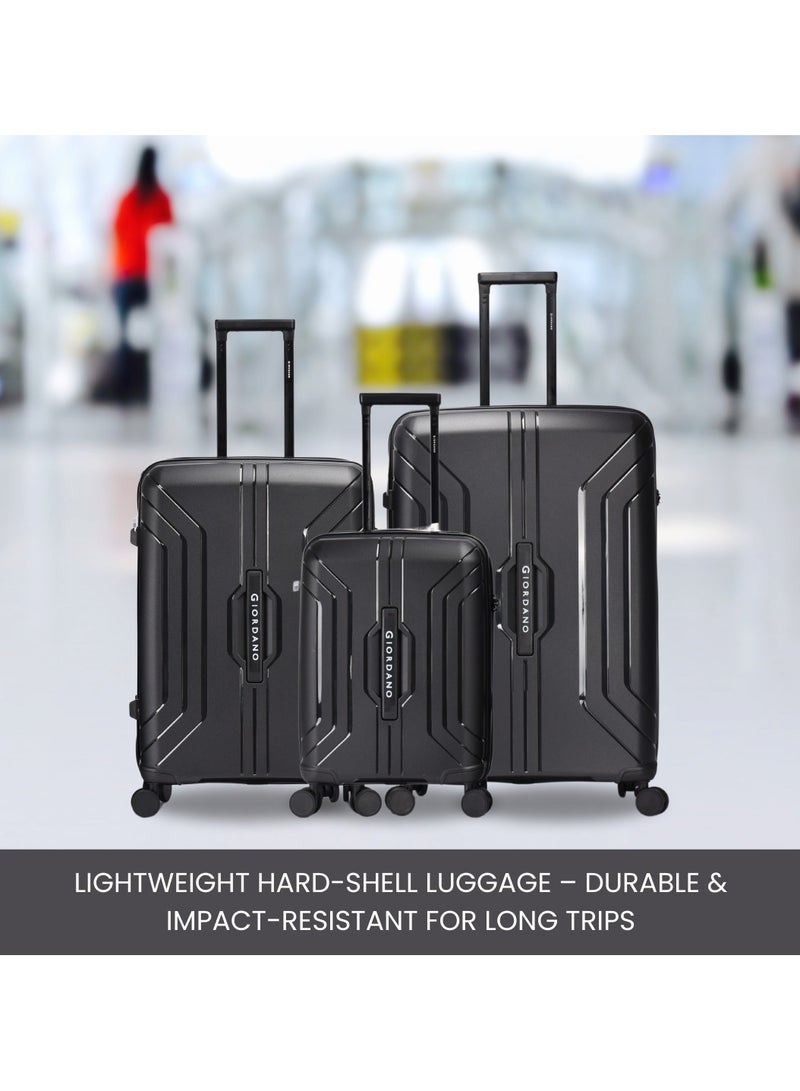 Giordano Luggage Sets of 3 Hard Shell PP Durable Lightweight Carry on Travel Suitcase with Double Spinner Wheels, Secure Combination Lock Trolley Bag, Unbreakable Hardcase Suitcase Set Black (S+M+L)
