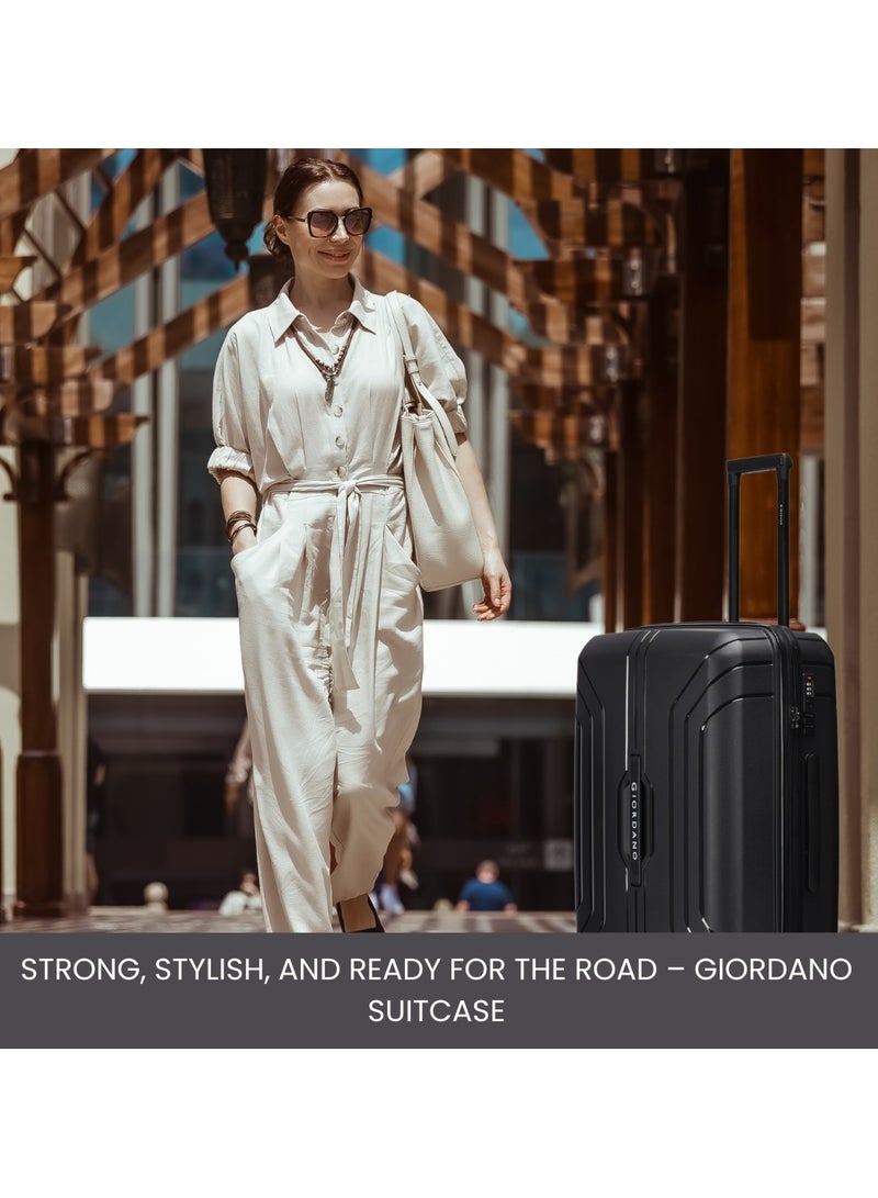 Giordano Luggage Sets of 3 Hard Shell PP Durable Lightweight Carry on Travel Suitcase with Double Spinner Wheels, Secure Combination Lock Trolley Bag, Unbreakable Hardcase Suitcase Set Black (S+M+L)