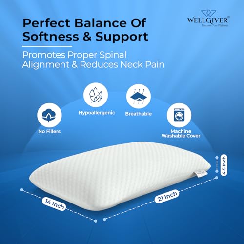 WELLGIVER Ergonomic Memory Foam Pillow for Neck Pain | 2 Years Warranty | 21 x 14 x 4.5 Inch | Orthopedic Pillow for Side Sleeping | Removable Washable Jacquard White Cover | Pack of 1 - Image 2