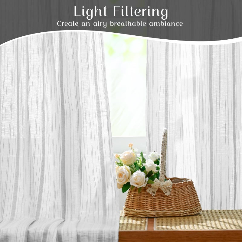 FRAMICS Linen Curtains for Living Room Grey Striped Window Curtain Farmhouse Curtains for Bedroom Boho Crochet Drapes 63 Inch Length 2 Panels Set Light Filtering Drapes Rod Pocket Window Treatment - Image 4