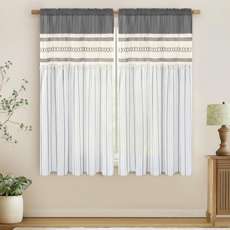 FRAMICS Linen Curtains for Living Room Grey Striped Window Curtain Farmhouse Curtains for Bedroom Boho Crochet Drapes 63 Inch Length 2 Panels Set Light Filtering Drapes Rod Pocket Window Treatment - Image 1