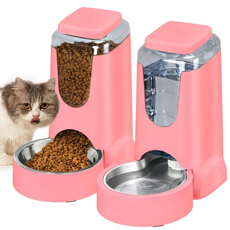HWONMTE Automatic Cat Feeder and Water Dispenser with Stainless Steel Bowl Dog Gravity Food Feeder and Waterer for Small Medium Pets Puppy Kitten 1 Gallon x 2 - Image 1