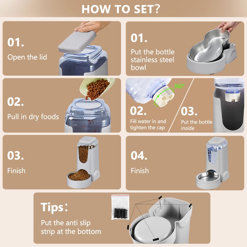 HWONMTE Automatic Cat Feeder and Water Dispenser with Stainless Steel Bowl Dog Gravity Food Feeder and Waterer for Small Medium Pets Puppy Kitten 1 Gallon x 2 - Image 5