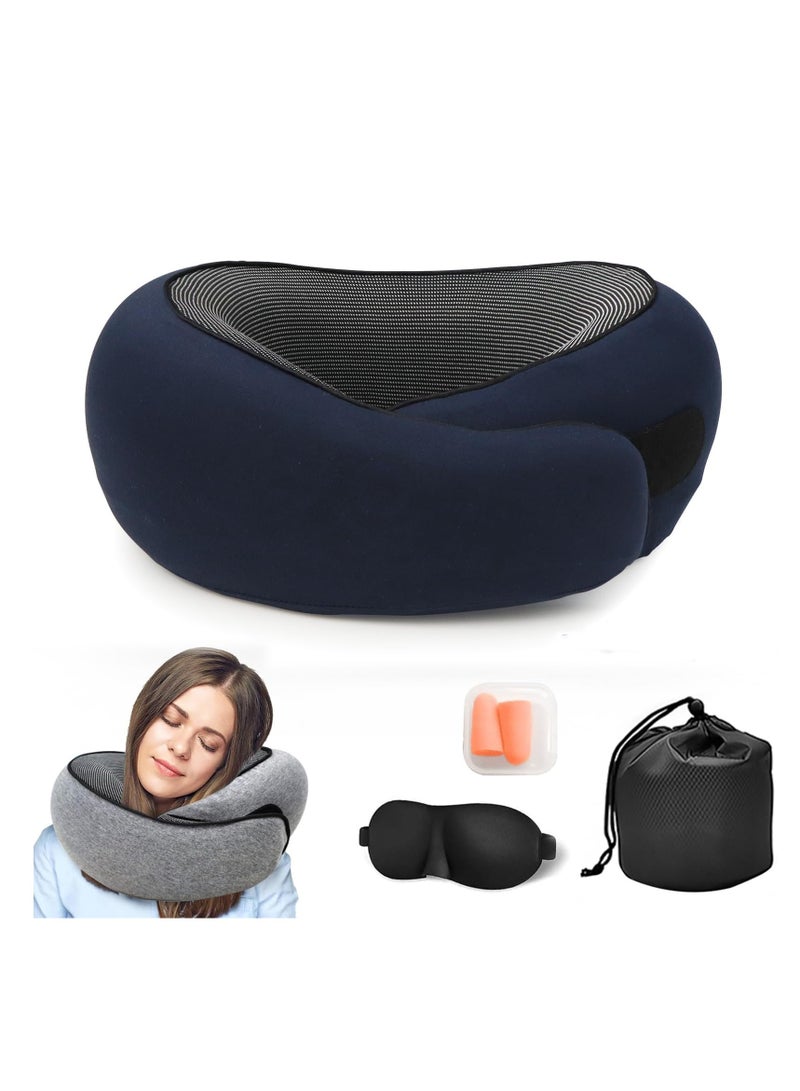 ELFSA Memory Cotton Travel Neck Pillow for Adults Adjustable Ergonomic Airplane Neck Cushion with Ear Plugs Eye Mask and Carry Bag Comfortable Travel Accessory for Flight and Outdoor Use Blue - Image 1