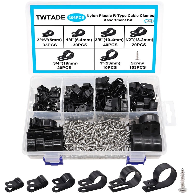 TWTADE 306PCS Black Cable Clamps Nylon Plastic RType 6 Sizes 316 14 38 12 34 1 Cable Mounting Wire Clips Assortment Kit with Screws for Wire Management H049