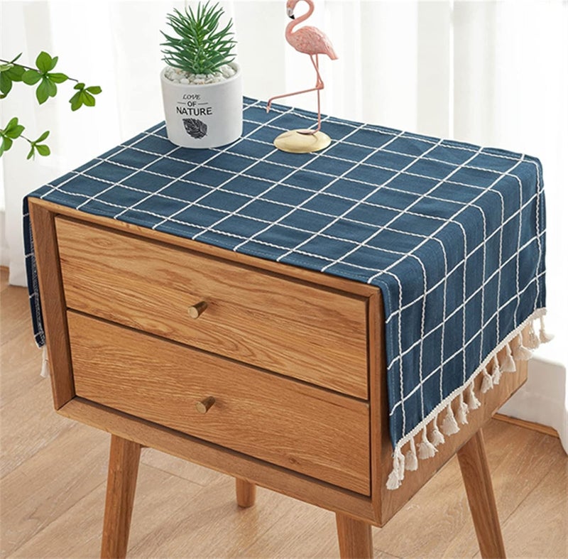 Utobanh Simple Bedside Table Tassel Cover Cloth, Tablecloth Cover Towel, Suitable for Bedside Table TV Microwave Washing Machine Refrigerator Dust Cover (blue and white stripes, 15.7 * 35.4 inches) - Image 1