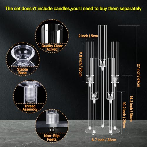 Cherocito 4 Set 5 Arms Acrylic Candelabra Centerpieces for Wedding Table Decorations,Clear Candlesticks Holder with Acrylic Shade for Valentine's Day Dinner Party Fireplace Gift Fit LED Candle - Image 2