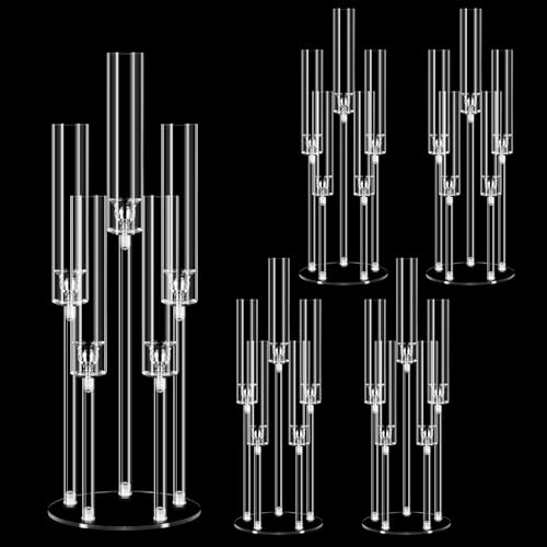 Cherocito 4 Set 5 Arms Acrylic Candelabra Centerpieces for Wedding Table Decorations,Clear Candlesticks Holder with Acrylic Shade for Valentine's Day Dinner Party Fireplace Gift Fit LED Candle - Image 1