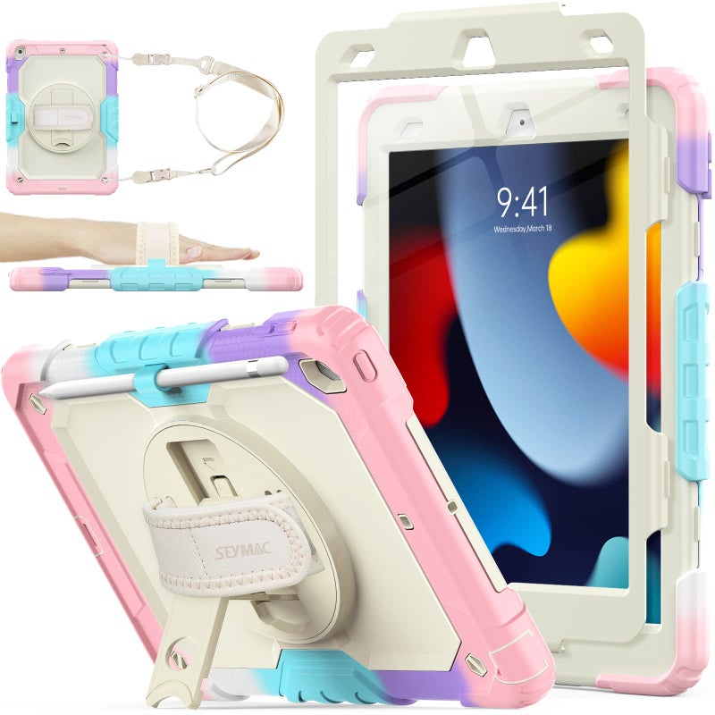 SEYMAC stock Case for iPad 9th 8th 7th Generation 102 Shockproof with Screen Protector Pencil Holder 360 Rotating Hand Strap Stand for iPad 102 inch 20212019 YellowishPink