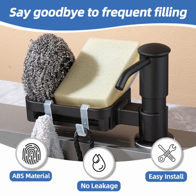 HAPPUP Soap Dispenser for Kitchen Sink, Built in Soap Dispenser Pump with Sponge Holder, Under Counter Black ABS Pump Head with 38" Extension Tube Kit, Good Suction Power (Black) - Image 2