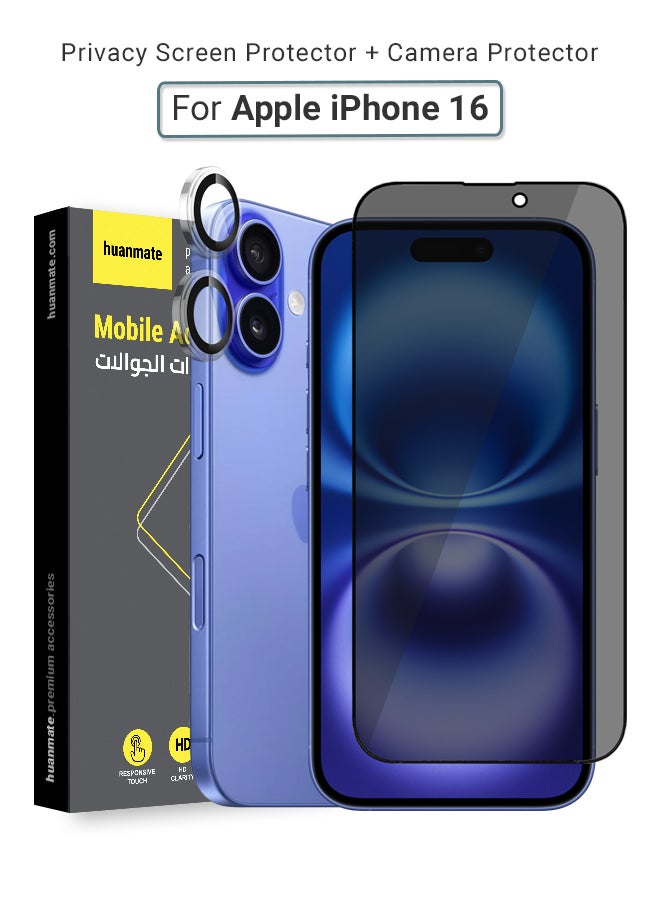 huanmate 2 in 1 Apple iPhone 16 Protection Pack - Anti-Peeping Privacy Glass Screen Protector & Camera Lens Protector, Premium Edge-to-Edge, High Transparency, Anti-Explosion, Easy Installation - Image 1