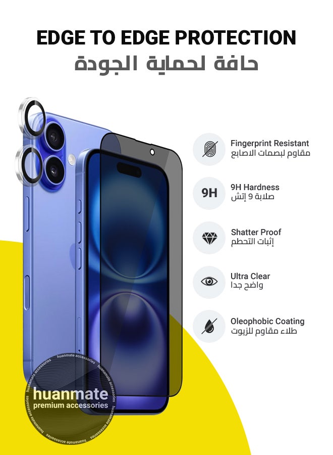 huanmate 2 in 1 Apple iPhone 16 Protection Pack - Anti-Peeping Privacy Glass Screen Protector & Camera Lens Protector, Premium Edge-to-Edge, High Transparency, Anti-Explosion, Easy Installation - Image 2