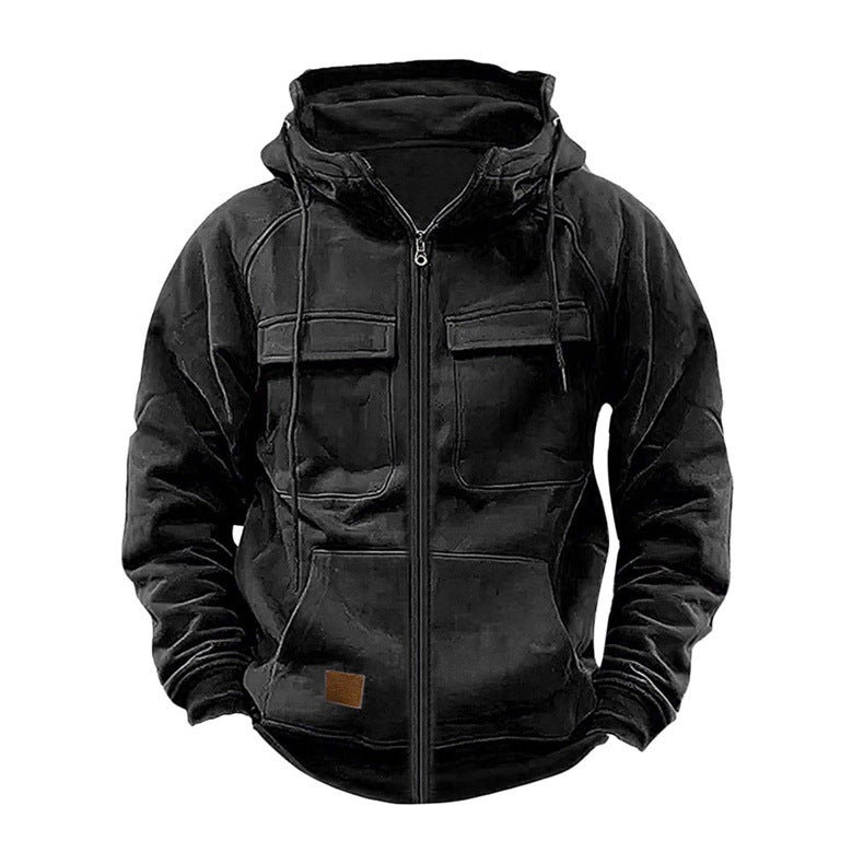 Generic Autumn and Winter Popular Mens Hooded Sweatshirt Loose Casual Jacket Multi-Pocket Design Trendy Retro Solid Color Outfit Black 
