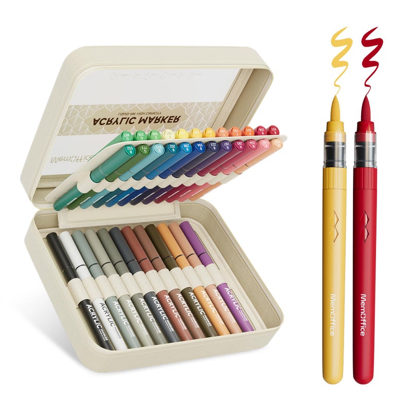 MemOffice Direct Liquid Acrylic Paint Markers, 36 Colors Brush Tip Pens with Carrying Case, No Bleed, Waterproof, for Rock, Wood, Canvas, Glass, Fabric, DIY Crafts for Adults - Image 1