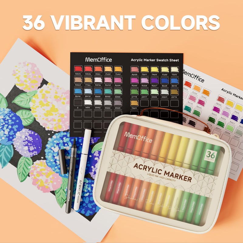 MemOffice Direct Liquid Acrylic Paint Markers, 36 Colors Brush Tip Pens with Carrying Case, No Bleed, Waterproof, for Rock, Wood, Canvas, Glass, Fabric, DIY Crafts for Adults - Image 5