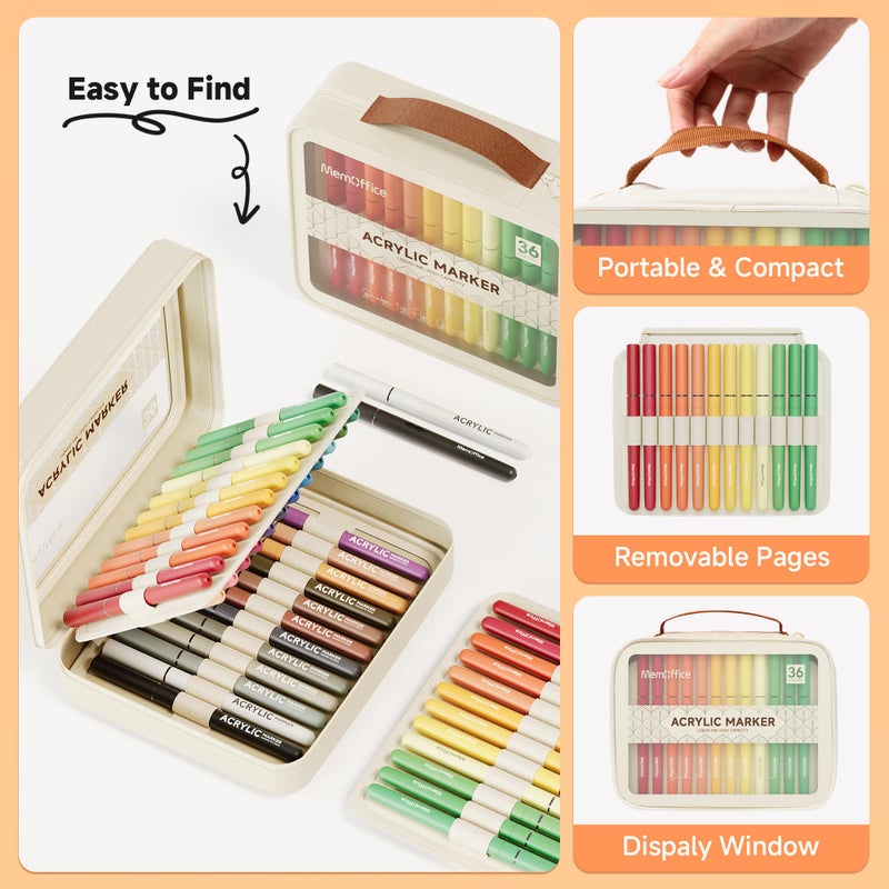 MemOffice Direct Liquid Acrylic Paint Markers, 36 Colors Brush Tip Pens with Carrying Case, No Bleed, Waterproof, for Rock, Wood, Canvas, Glass, Fabric, DIY Crafts for Adults - Image 3