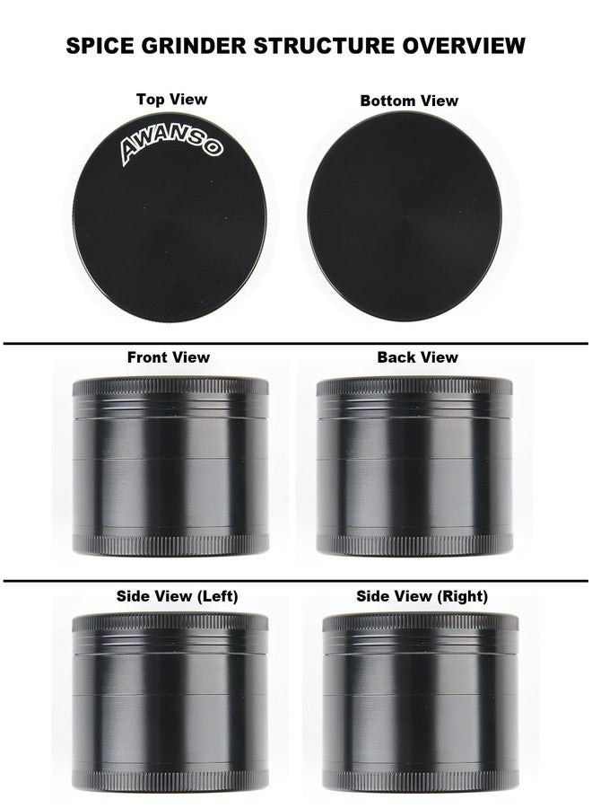 AWANSO 2" Grinder for Kitchen Spices, 3-Piece 4-Part Design, Screen-Free, Durable Zinc Alloy, Black - Image 4