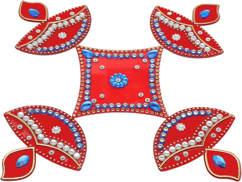 Aditri Creation Decorative Floor Rangoli Diya Designer Reusable Small Acrylic Rangoli Indian Traditional Festival Laxmi Poojan New Year Decorations Home Decor for Home Interior Floor Return Gifts (Size:- 9")(Red) - Image 2