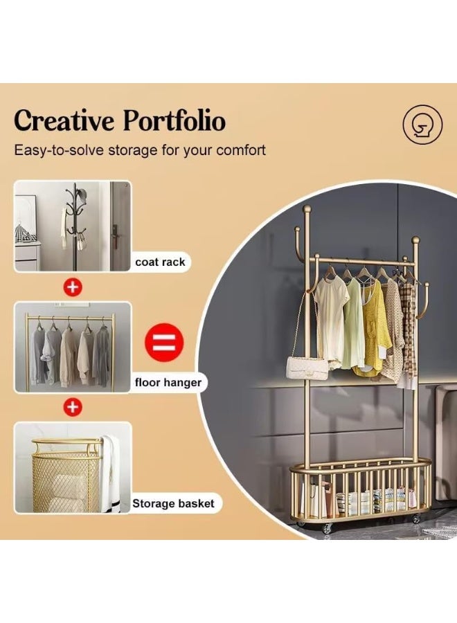 Storage shelf Stand with Clothes Rail and Rolling Coat Rack With Storage Shelf, Hanging Clothes Stand With Hooks For Hats, Drying Rack, Household Space Saving Storage Organizer For Bedroom - Image 5