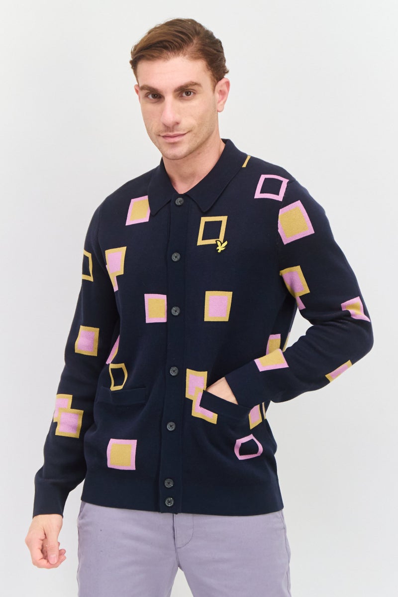 Lyle & Scott Men Spread Collar Long Sleeves Knitted Cardigans, Navy Blue  - Image 1
