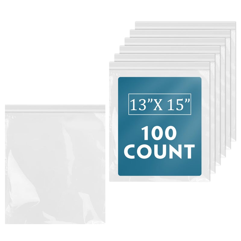 iMailer - 100 Count - 13" x 15" Clear Reclosable Zip Plastic Poly Bags - 2 Gallon Zip Bags for Clothing, T-Shirts, Pants