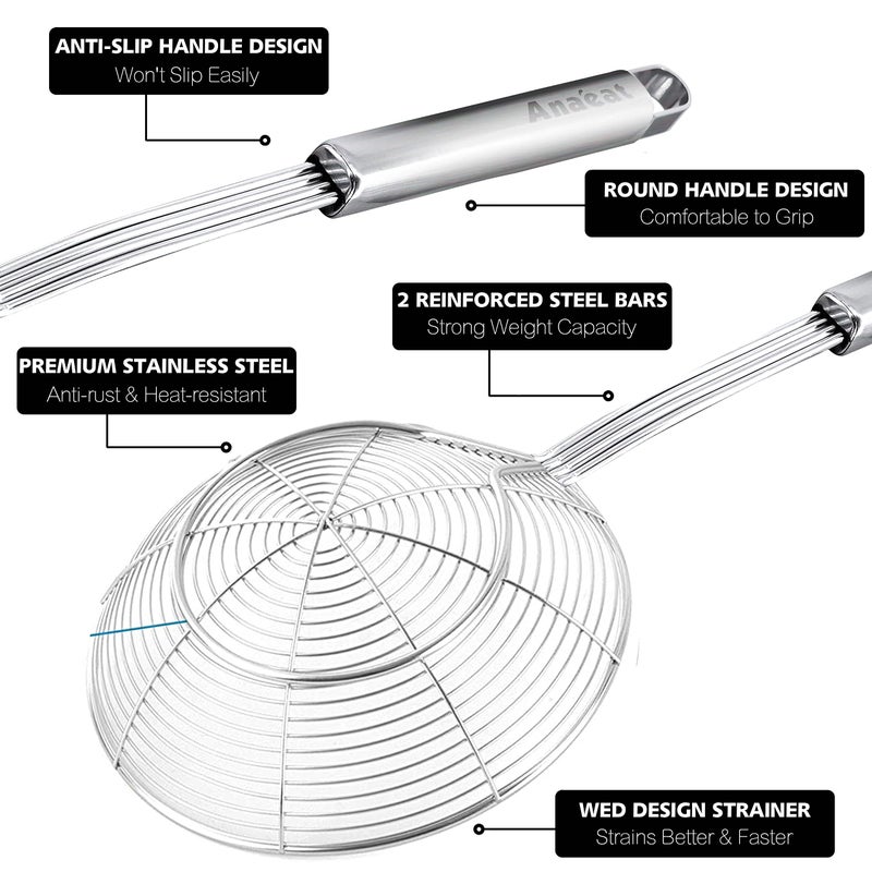 Anaeat Stainless Steel Spider Strainer Skimmer - Solid Kitchen Strainer Ladle with Long Handle for Cooking and Frying, Reinforced Double Coil Slotted Spoons for Pasta, Noodle, Spaghetti (7 Inch) - Image 5