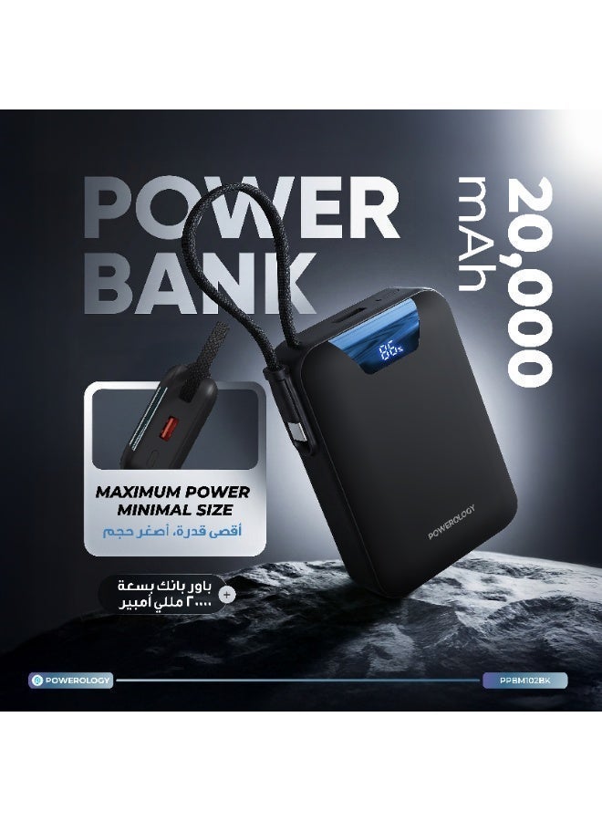 باورولوجي باور بانك يورك 20000 مللي أمبير/ساعة مع كابل USB-C مدمج / شحن سريع 22.5 واط QC و 18 واط PD / باور بانك بشاشة رقمية / شاحن محمول صغير الحجم لأجهزة iPhone 16/15/14/13، S25/S24/S23، Xiaomi، Redmi - أسود - Image 3