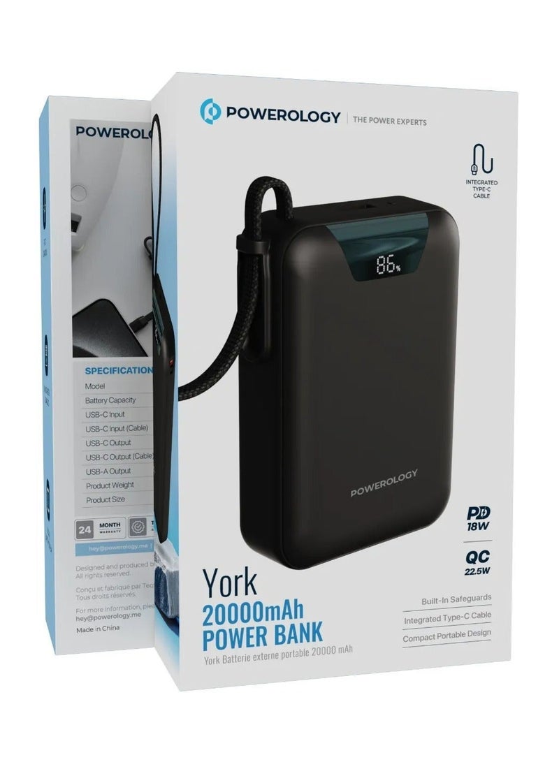 باورولوجي باور بانك يورك 20000 مللي أمبير/ساعة مع كابل USB-C مدمج / شحن سريع 22.5 واط QC و 18 واط PD / باور بانك بشاشة رقمية / شاحن محمول صغير الحجم لأجهزة iPhone 16/15/14/13، S25/S24/S23، Xiaomi، Redmi - أسود - Image 5