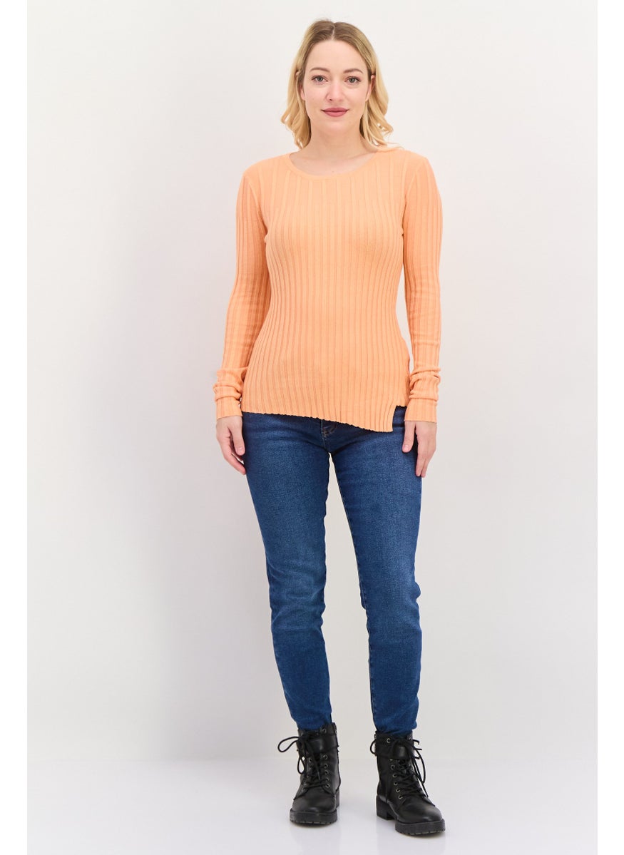 ESPRIT Women Round Neck Textured Long Sleeves Top, Orange  - Image 4