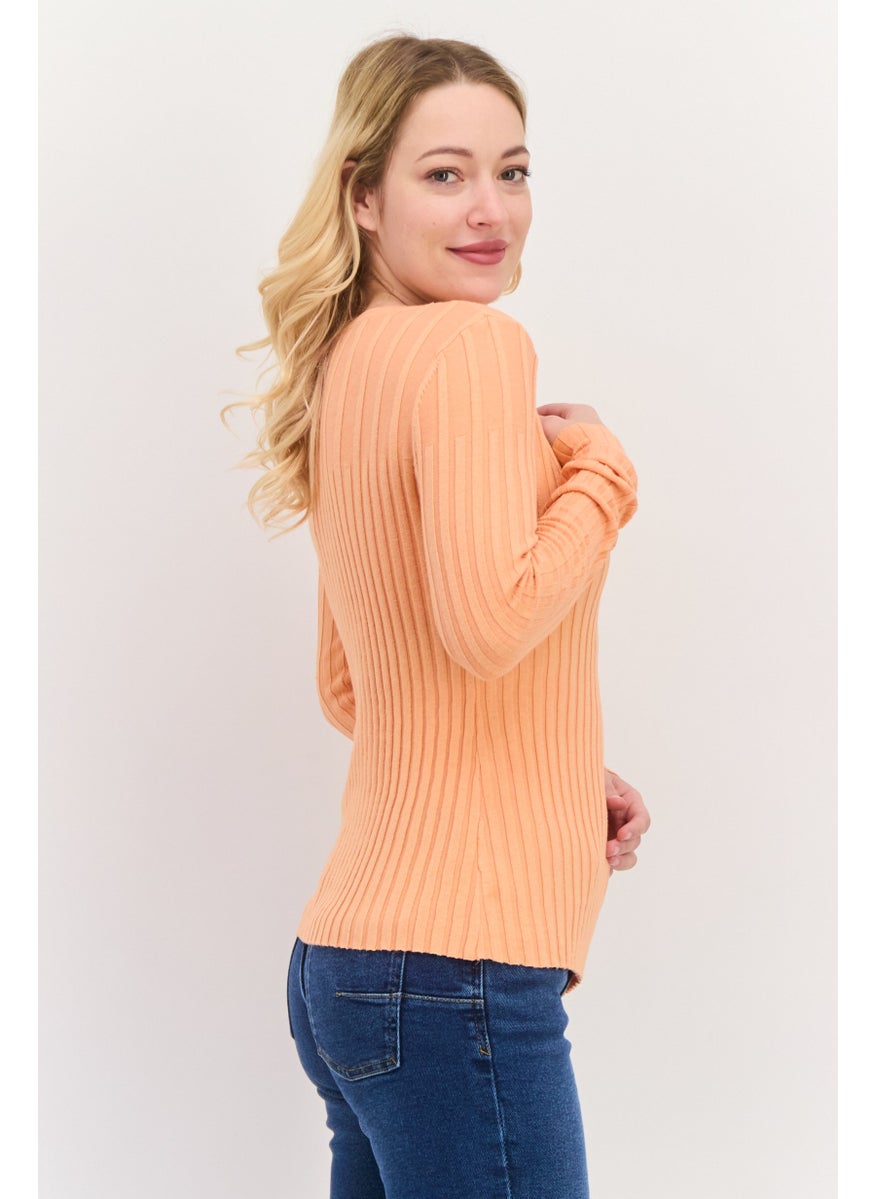 ESPRIT Women Round Neck Textured Long Sleeves Top, Orange  - Image 2